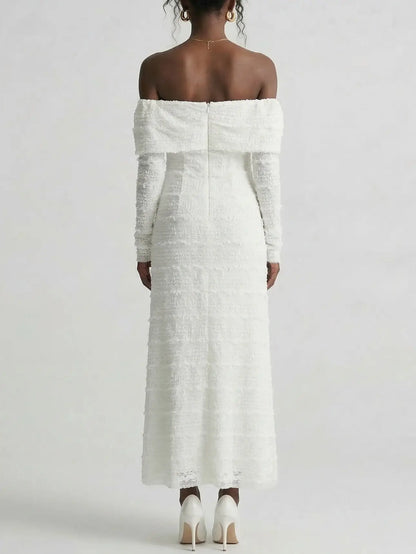 Off Shoulder Floral Appliqué Knit Midi Dress - Dresses