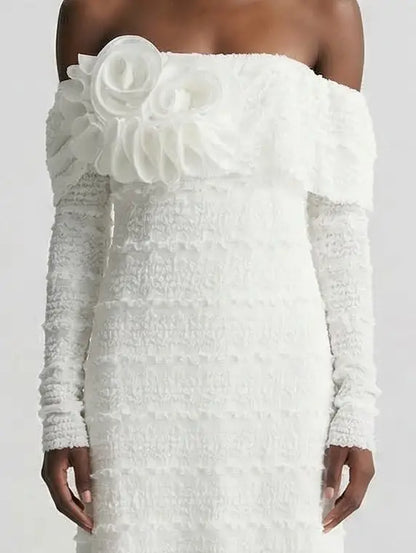 Off Shoulder Floral Appliqué Knit Midi Dress - Dresses