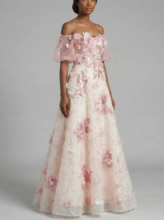 Off Shoulder Floral Appliqué Tulle Gown with Corset Back - Dresses
