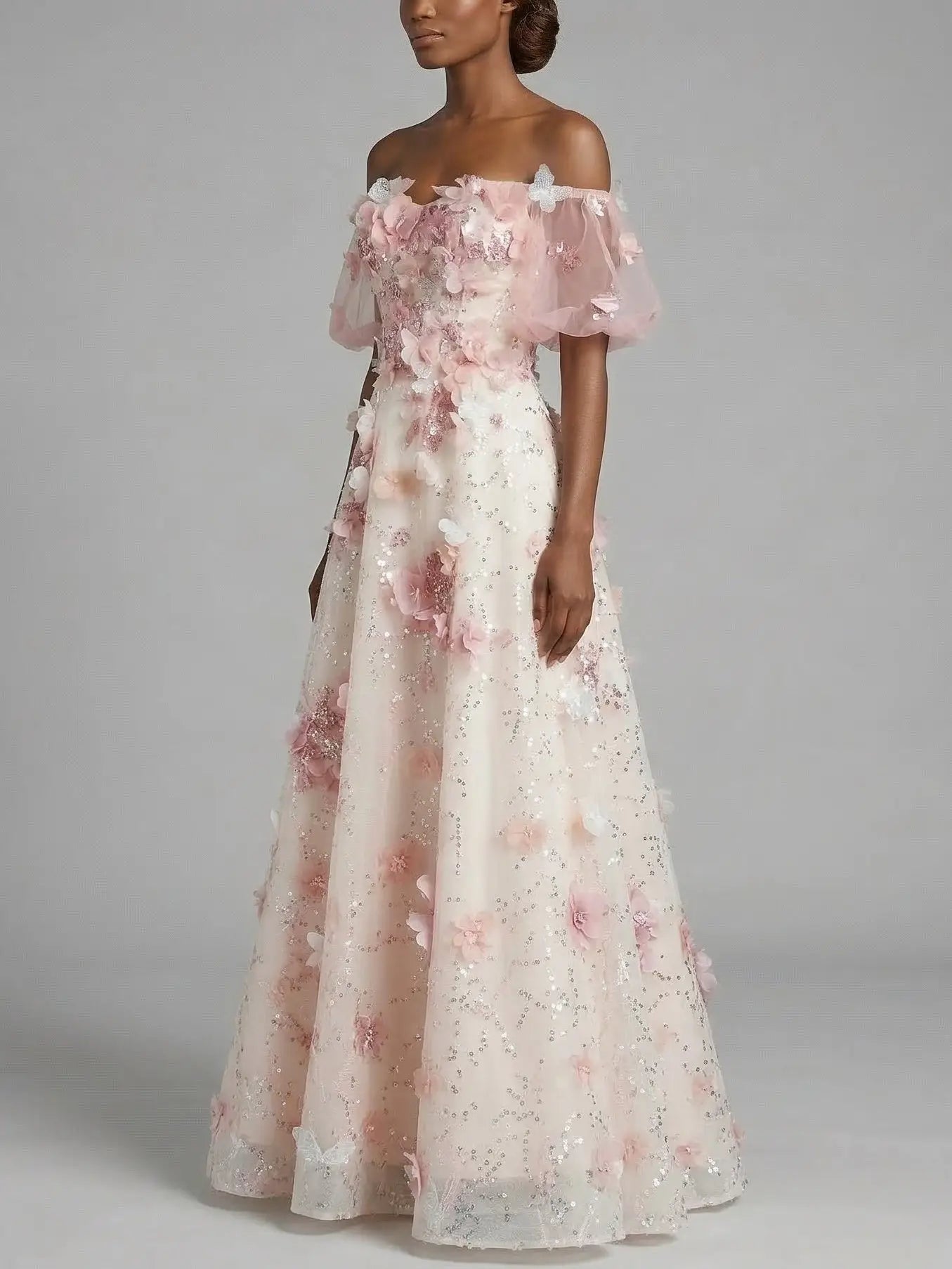 Off Shoulder Floral Appliqué Tulle Gown with Corset Back - Dresses
