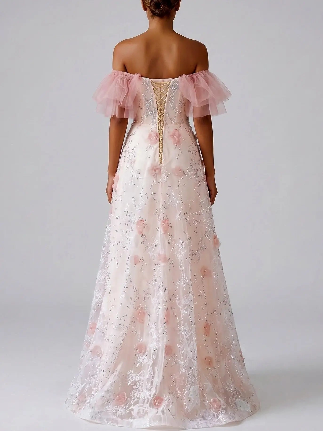 Off Shoulder Floral Appliqué Tulle Gown with Corset Back - Dresses