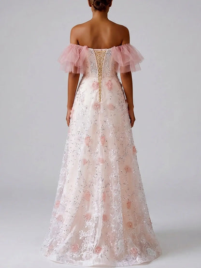 Off Shoulder Floral Appliqué Tulle Gown with Corset Back - Dresses