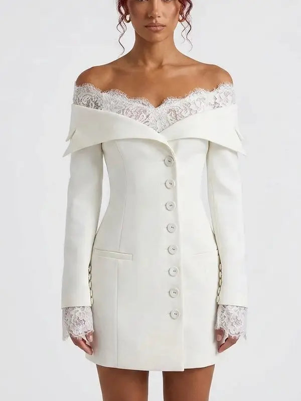 Off Shoulder Lace Trim White Mini Blazer Dress - Dresses