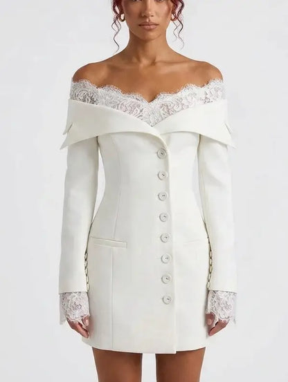 Off Shoulder Lace Trim White Mini Blazer Dress - Dresses