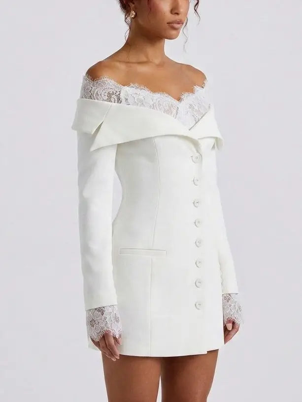 Off Shoulder Lace Trim White Mini Blazer Dress - Dresses