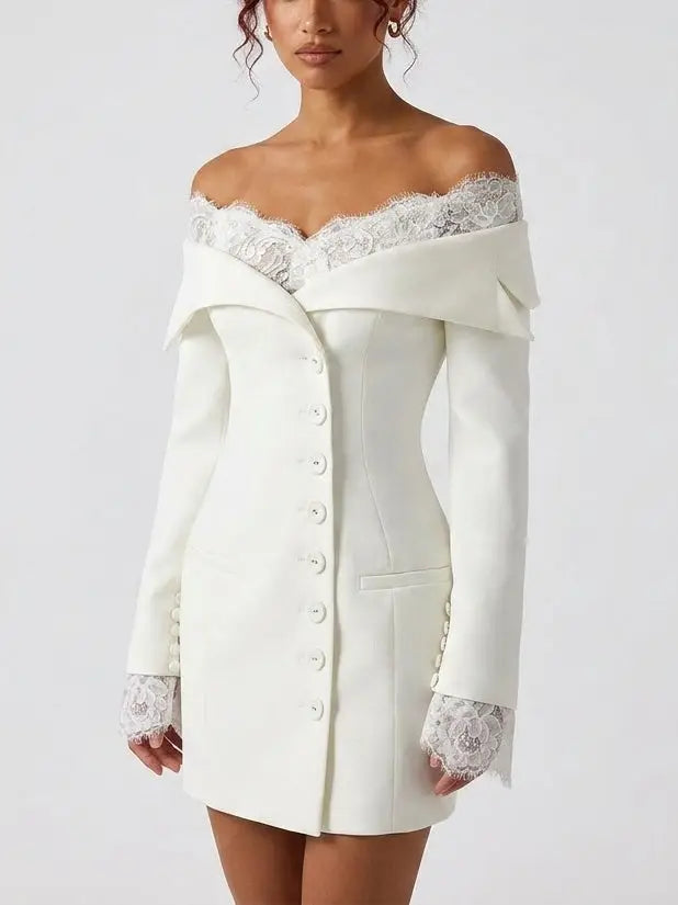 Off Shoulder Lace Trim White Mini Blazer Dress - Dresses