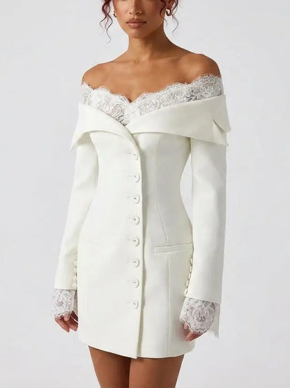 Off Shoulder Lace Trim White Mini Blazer Dress - Dresses