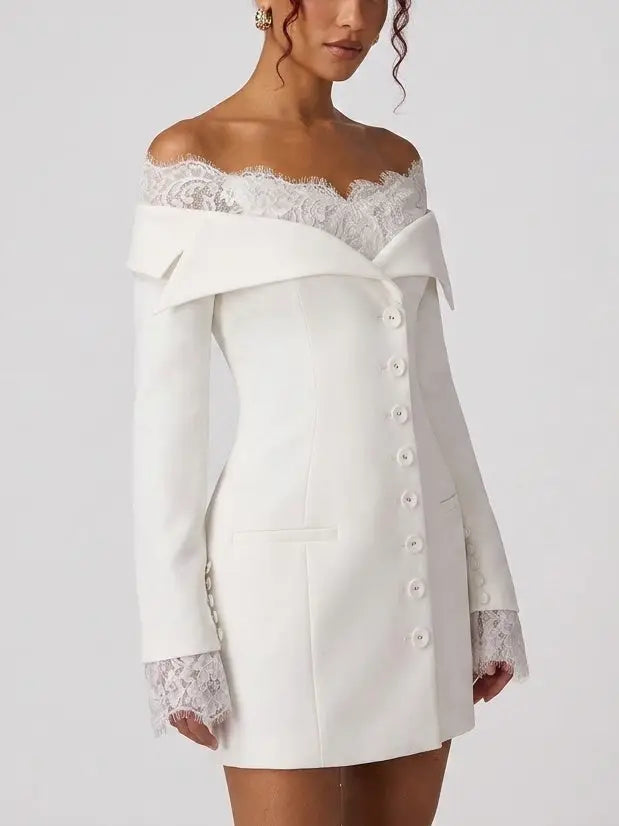 Off Shoulder Lace Trim White Mini Blazer Dress - Dresses