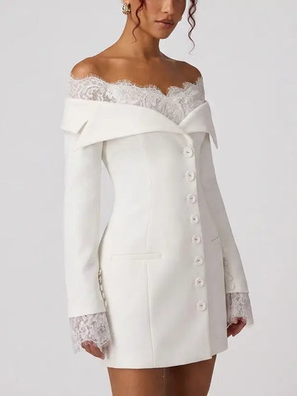 Off Shoulder Lace Trim White Mini Blazer Dress - Dresses