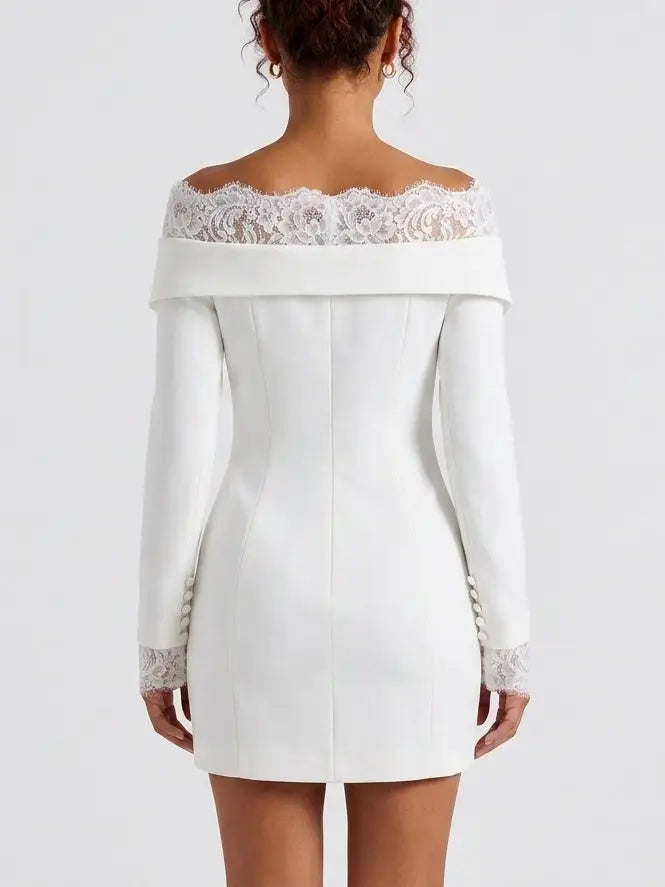 Off Shoulder Lace Trim White Mini Blazer Dress - Dresses