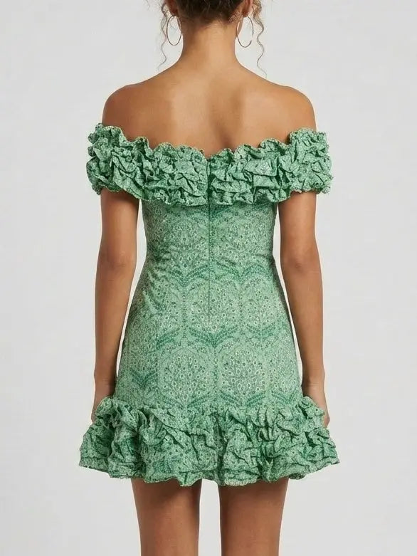 Off Shoulder Ruffle Trim Linen Mini Dress - Dresses