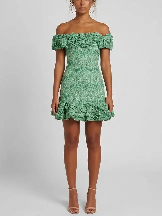 Off Shoulder Ruffle Trim Linen Mini Dress - Dresses