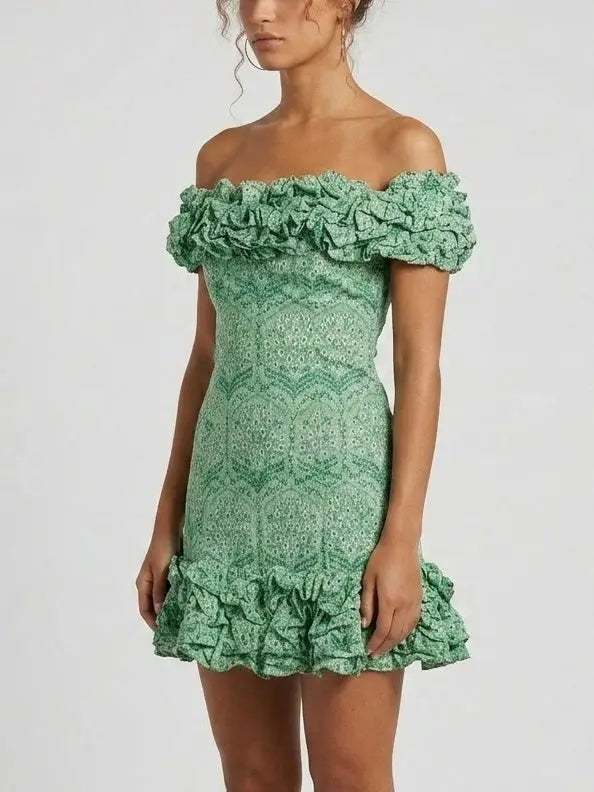 Off Shoulder Ruffle Trim Linen Mini Dress - Dresses
