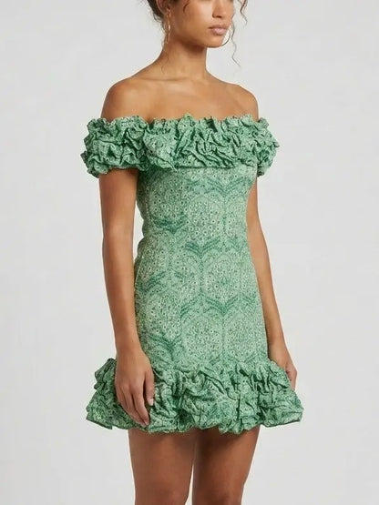 Off Shoulder Ruffle Trim Linen Mini Dress - Dresses