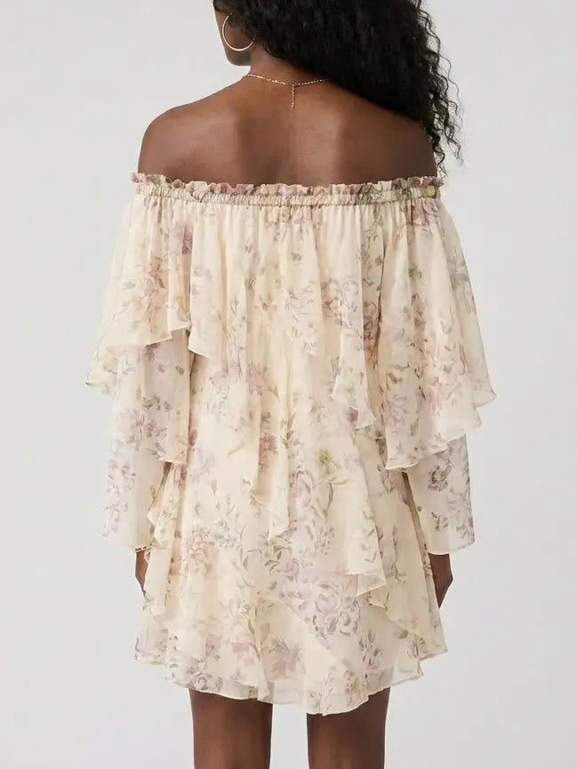 Off Shoulder Tiered Floral Silk Mini Dress - Dresses