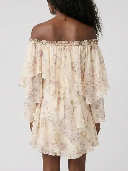 Off Shoulder Tiered Floral Silk Mini Dress - Dresses