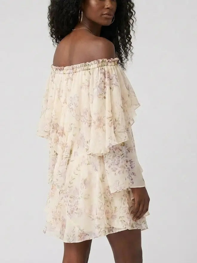 Off Shoulder Tiered Floral Silk Mini Dress - Dresses