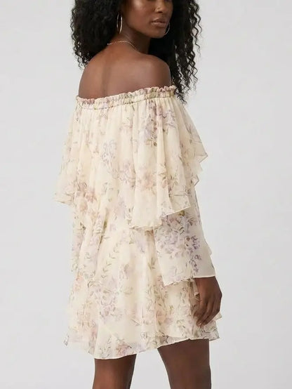 Off Shoulder Tiered Floral Silk Mini Dress - Dresses