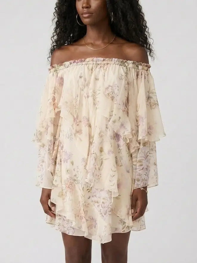 Off Shoulder Tiered Floral Silk Mini Dress - Dresses