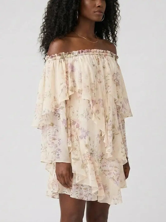Off Shoulder Tiered Floral Silk Mini Dress - Dresses