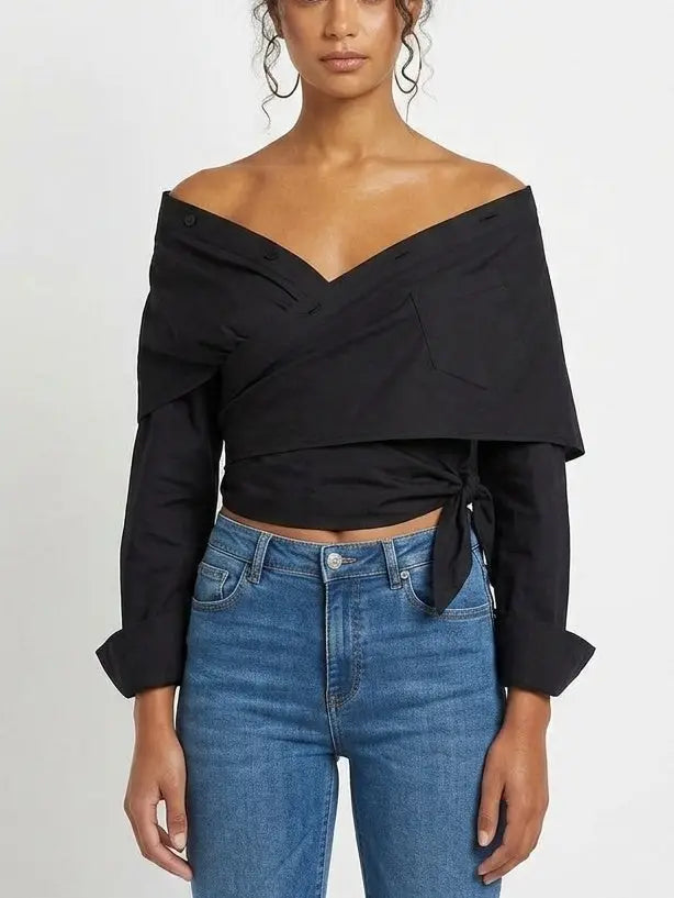 Off Shoulder Wrap Tie Waist Cotton Shirt - Small / Black - Tops