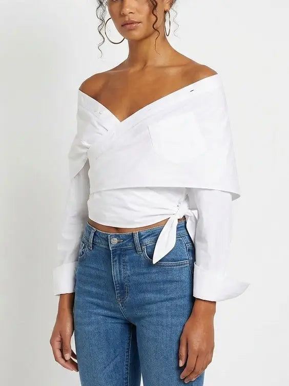 Off Shoulder Wrap Tie Waist Cotton Shirt - Tops