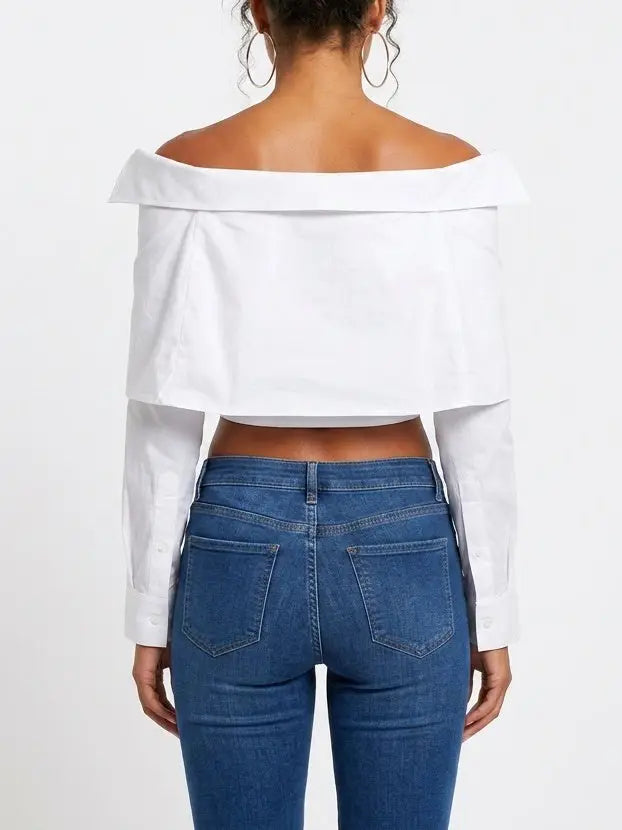 Off Shoulder Wrap Tie Waist Cotton Shirt - Tops