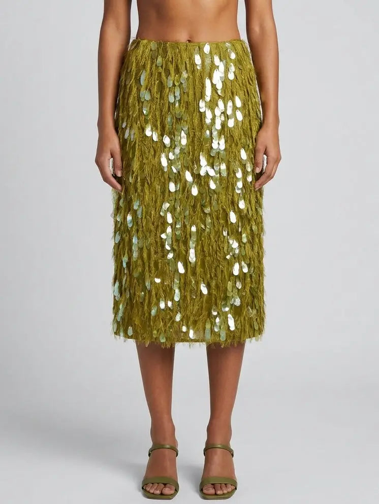 Olive Fringe Paillette Embellished Midi Skirt - Skirts