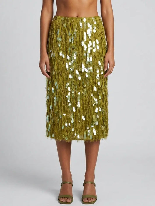 Olive Fringe Paillette Embellished Midi Skirt - Skirts