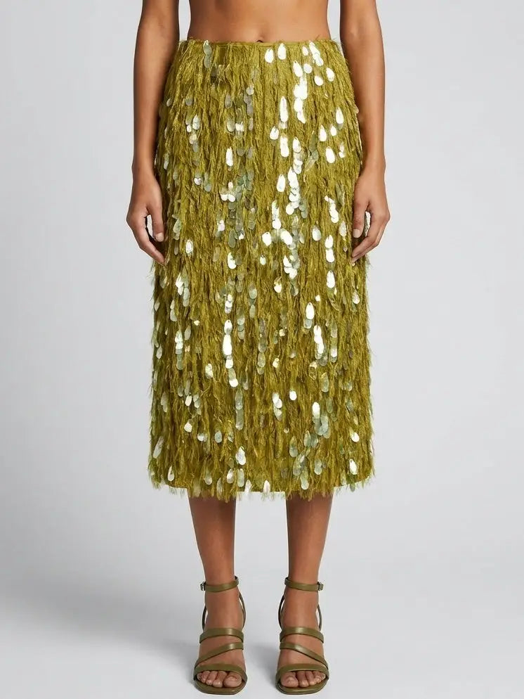 Olive Fringe Paillette Embellished Midi Skirt - Skirts