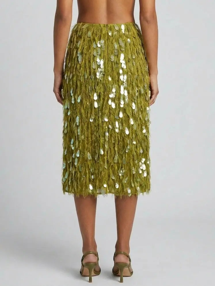 Olive Fringe Paillette Embellished Midi Skirt - Skirts