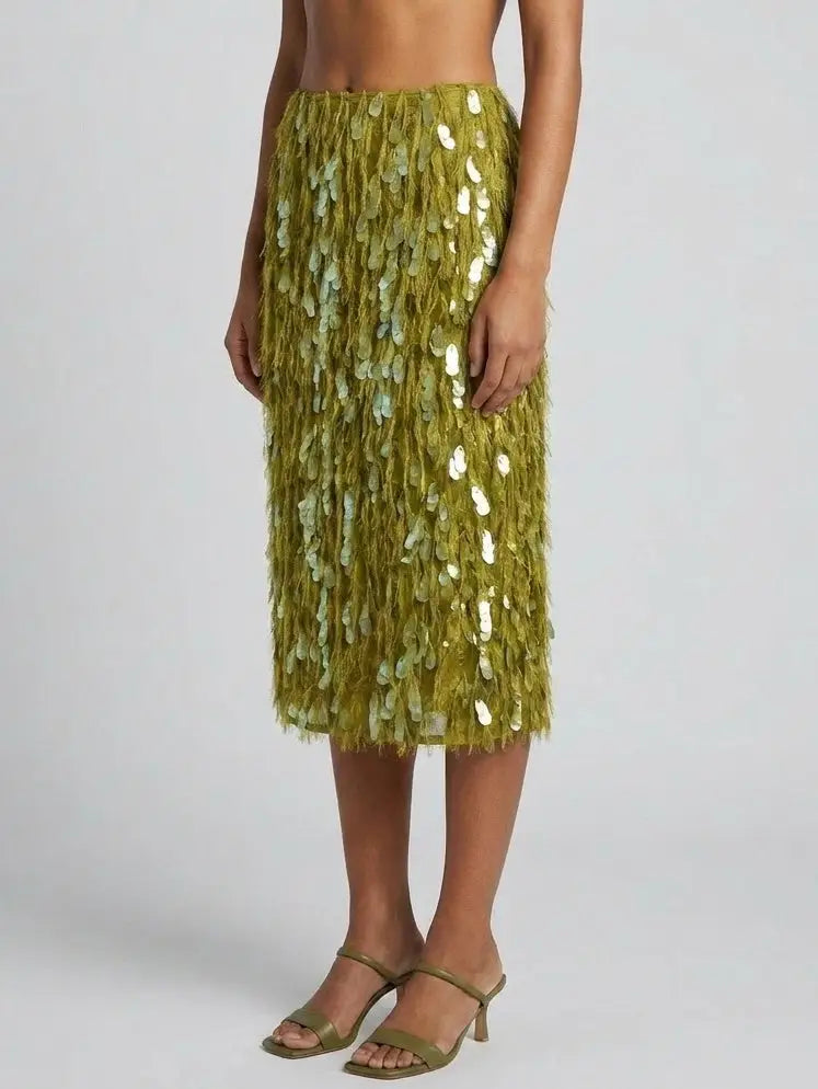 Olive Fringe Paillette Embellished Midi Skirt - Skirts