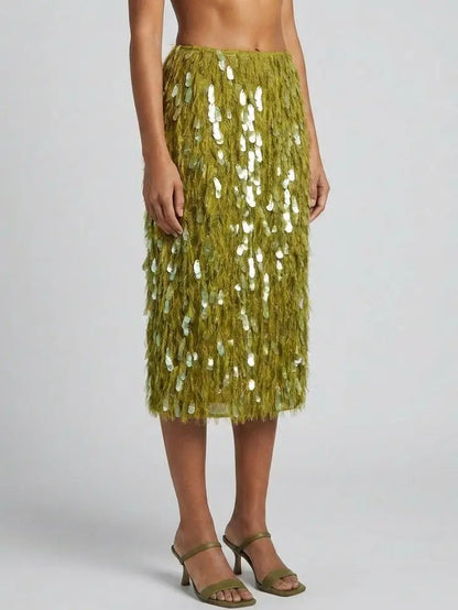 Olive Fringe Paillette Embellished Midi Skirt - Skirts