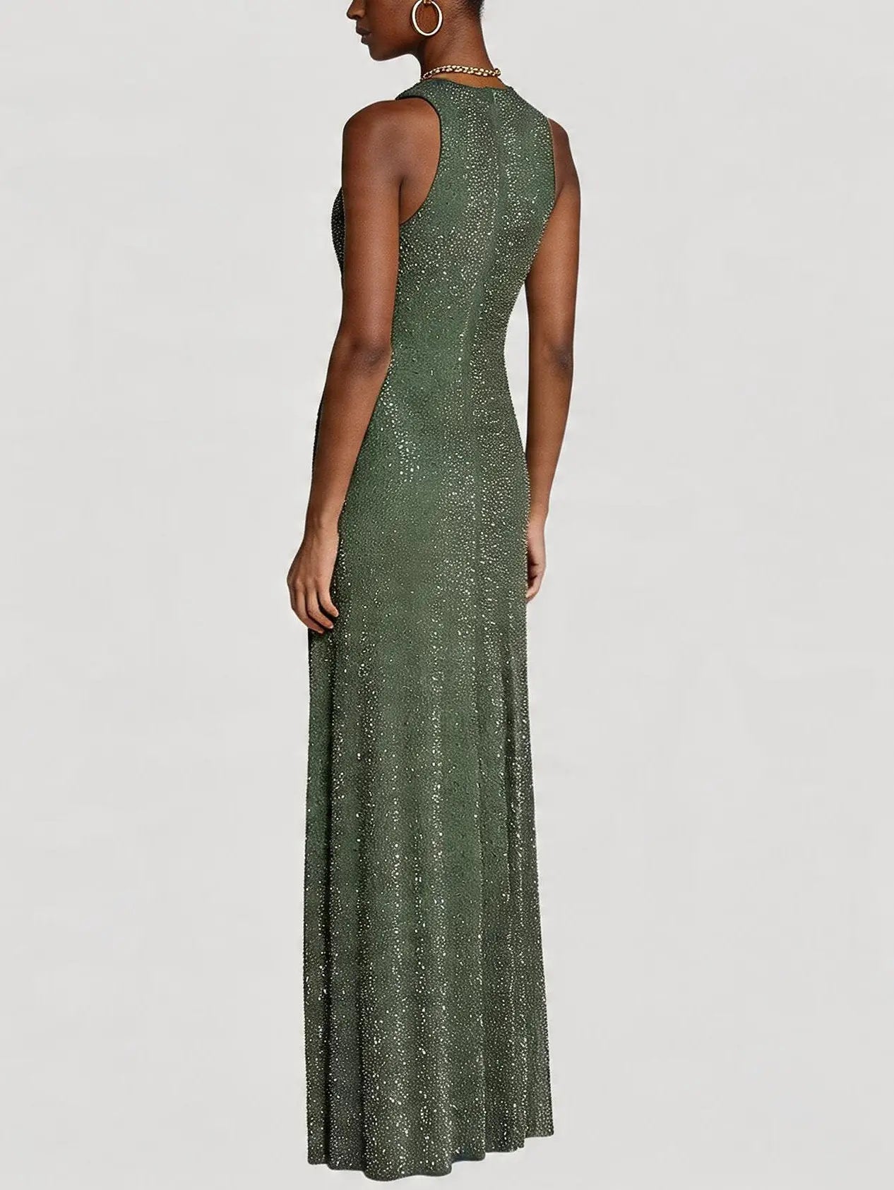 Olive Green Crystal Cowl Neck Maxi Dress - Dresses