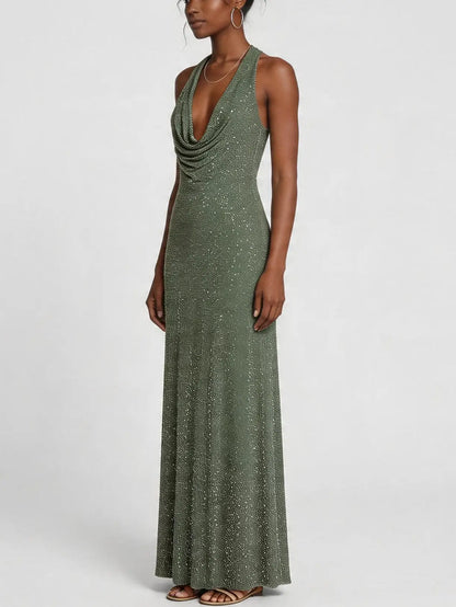 Olive Green Crystal Cowl Neck Maxi Dress - Dresses