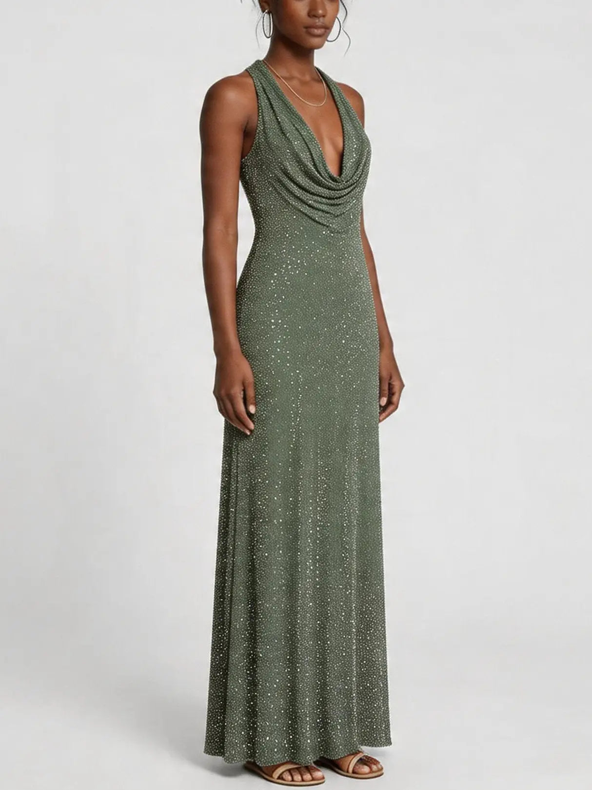 Olive Green Crystal Cowl Neck Maxi Dress - Dresses