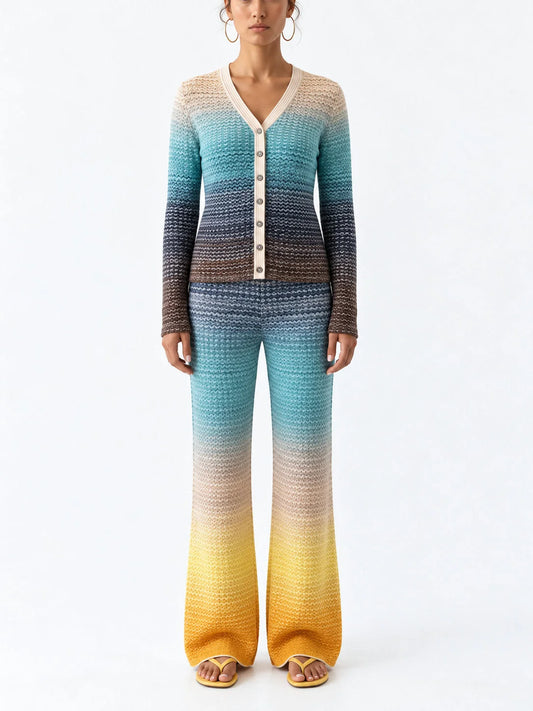 Ombré Knit Cardigan and Flared Pants Set - S - Suits & Sets