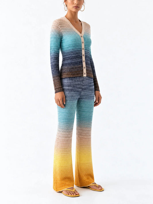 Ombré Knit Cardigan and Flared Pants Set - Suits & Sets