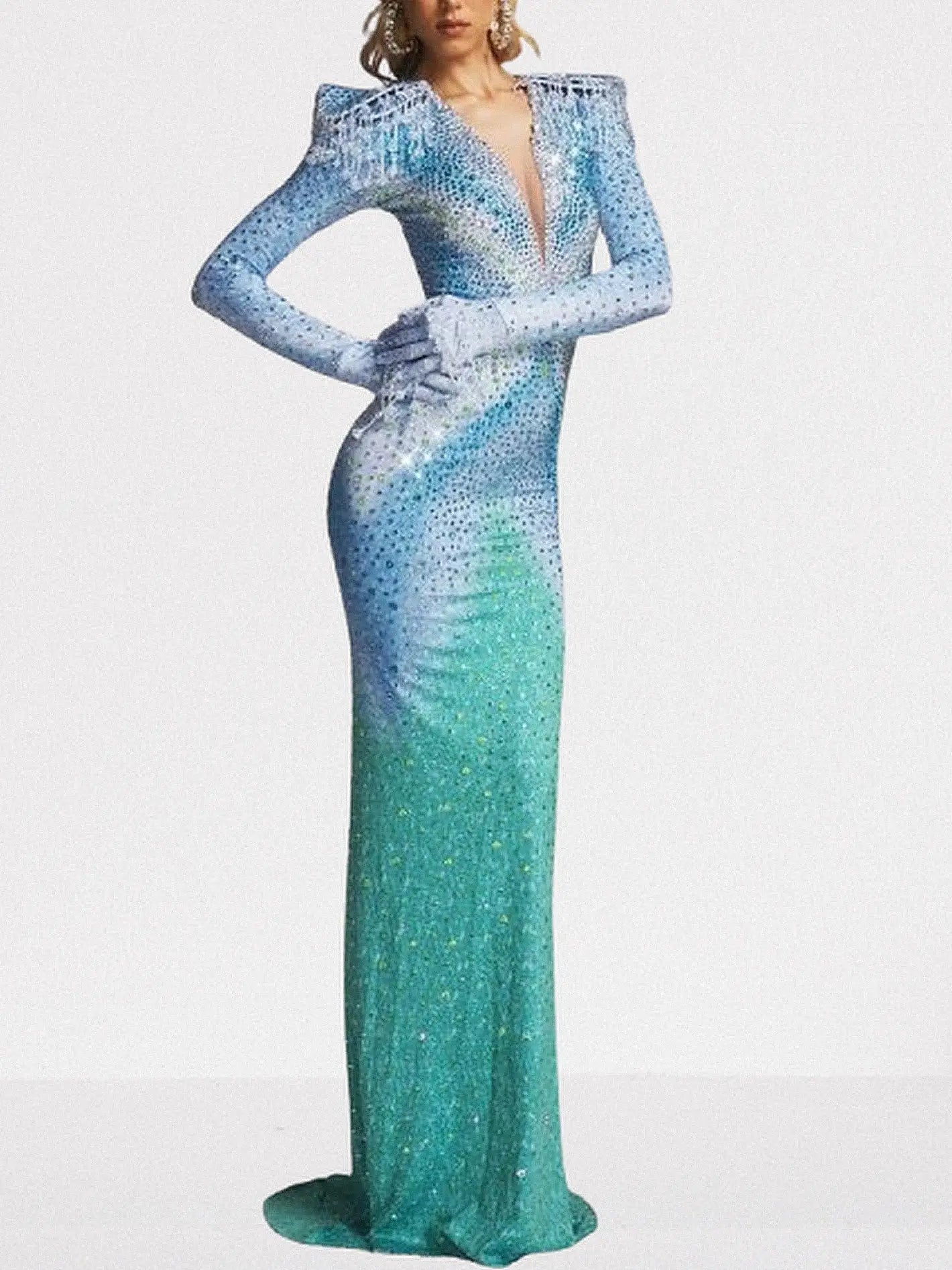 Ombre Rhinestone Cut-Out Back Gown in Blue & Green - Dresses