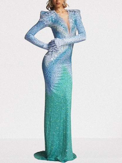 Ombre Rhinestone Cut-Out Back Gown in Blue & Green - Dresses