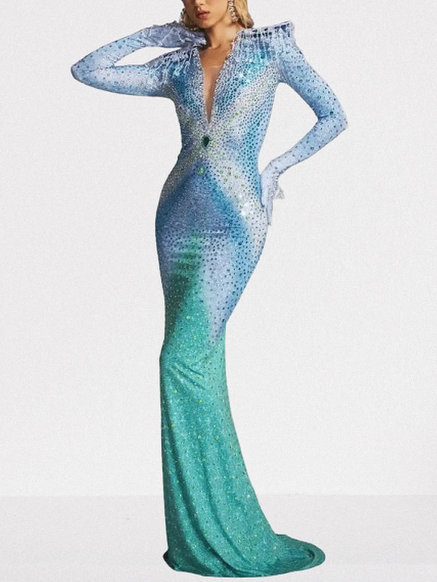 Ombre Rhinestone Cut-Out Back Gown in Blue & Green - Dresses