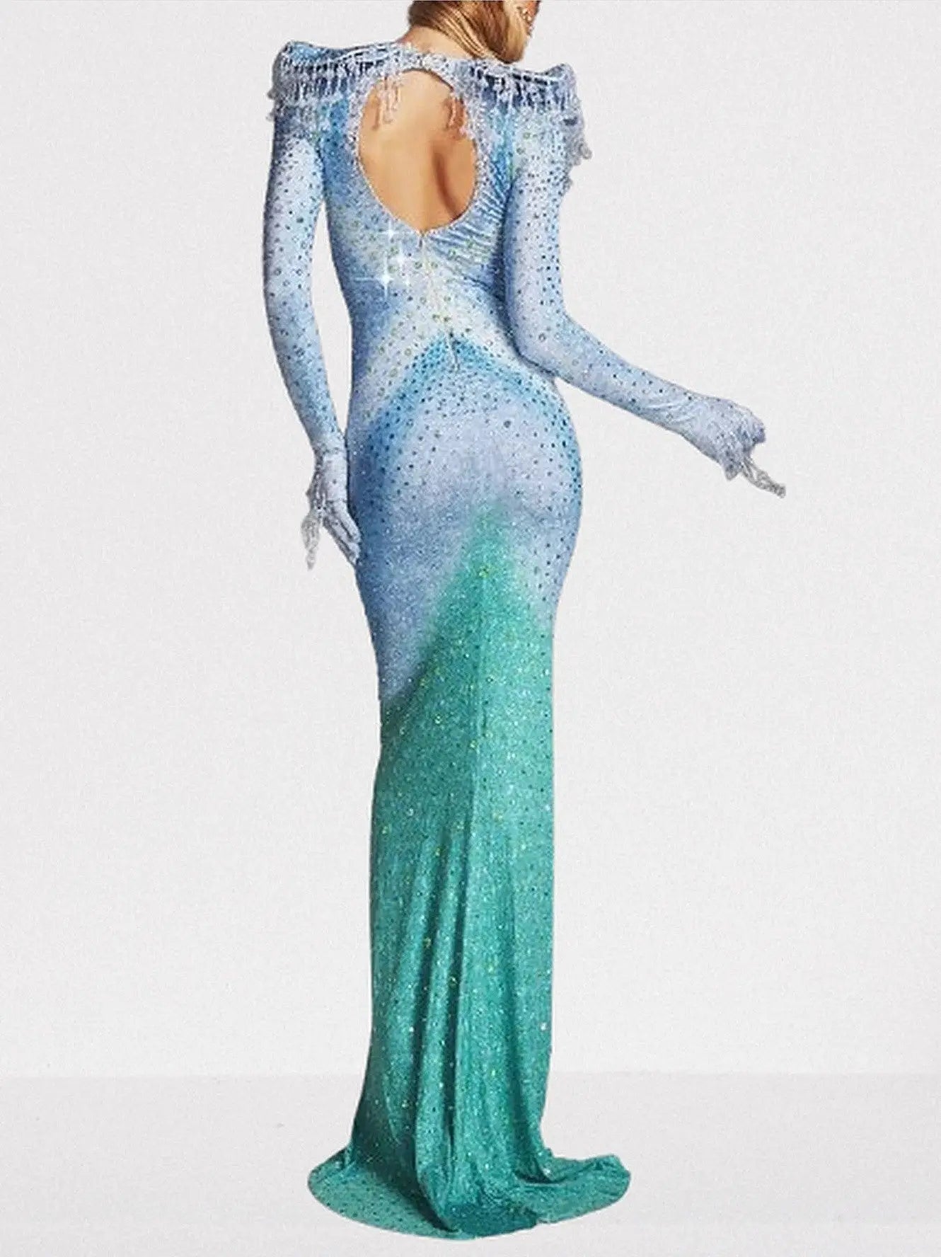 Ombre Rhinestone Cut-Out Back Gown in Blue & Green - Dresses