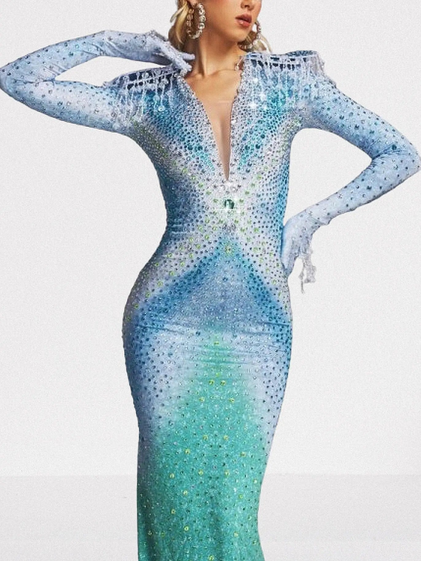 Ombre Rhinestone Cut-Out Back Gown in Blue & Green - Dresses