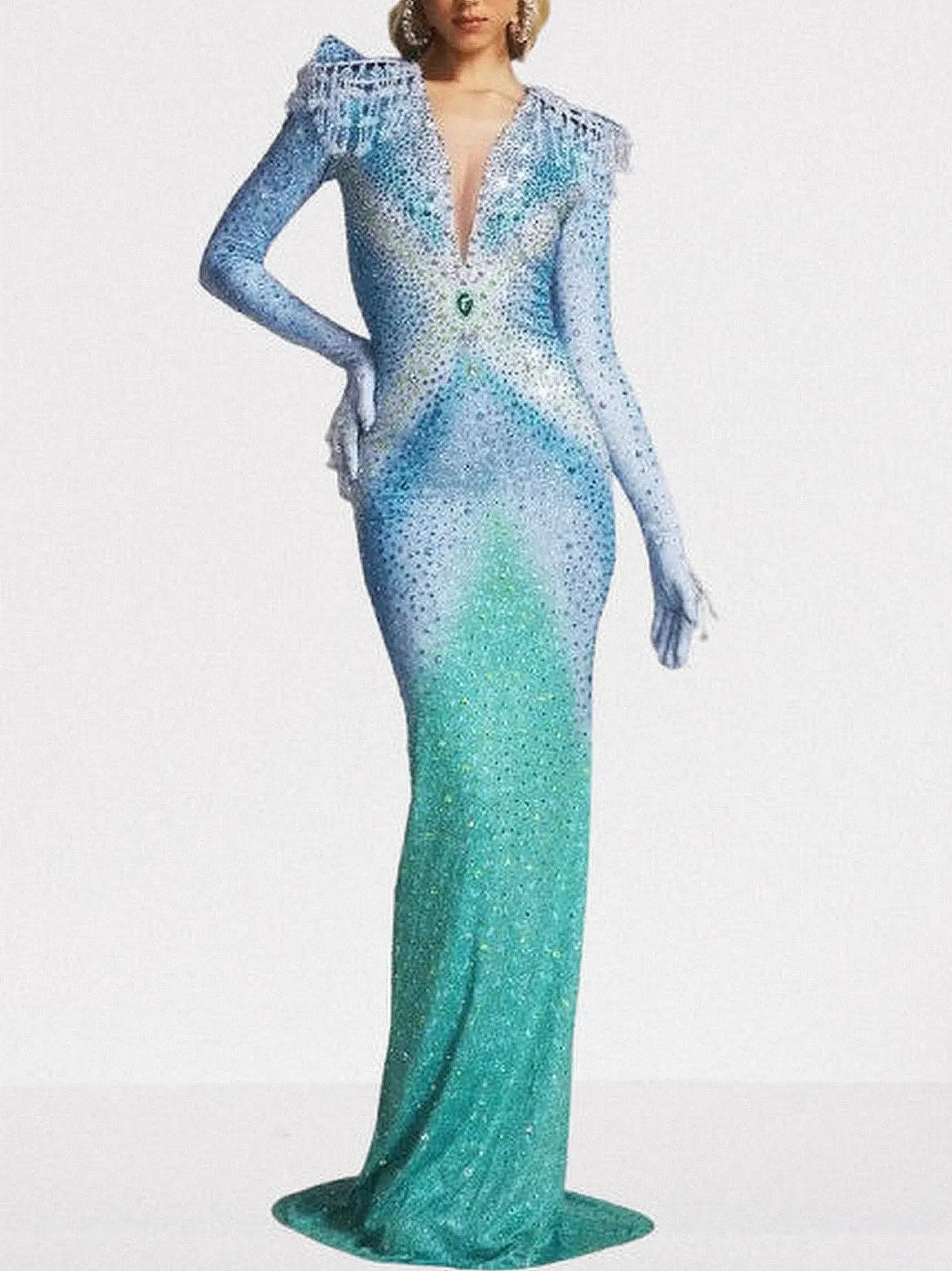 Ombre Rhinestone Cut-Out Back Gown in Blue & Green - Dresses
