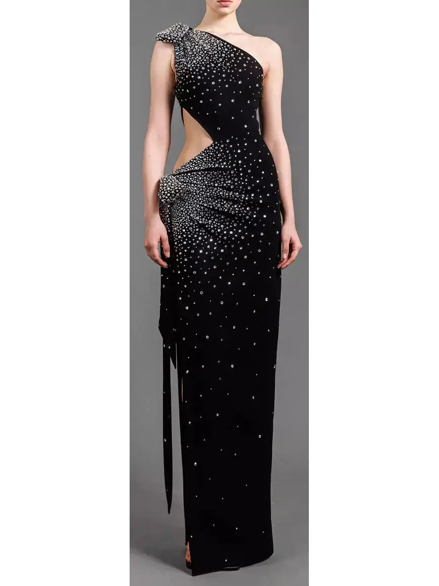 One-Shoulder Black Gown with Waist Cut-Out Embroidered with Crystals - Branna Couture