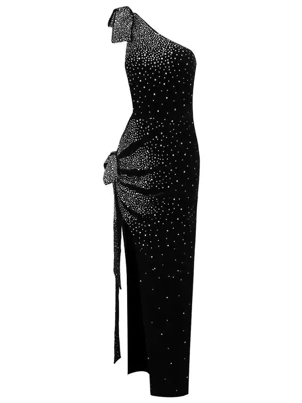 One-Shoulder Black Gown with Waist Cut-Out Embroidered with Crystals - Branna Couture