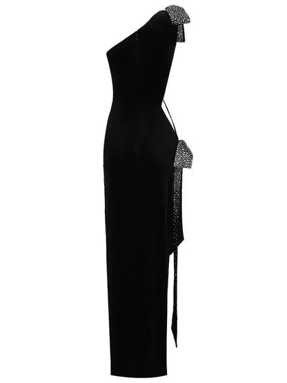 One-Shoulder Black Gown with Waist Cut-Out Embroidered with Crystals - Branna Couture