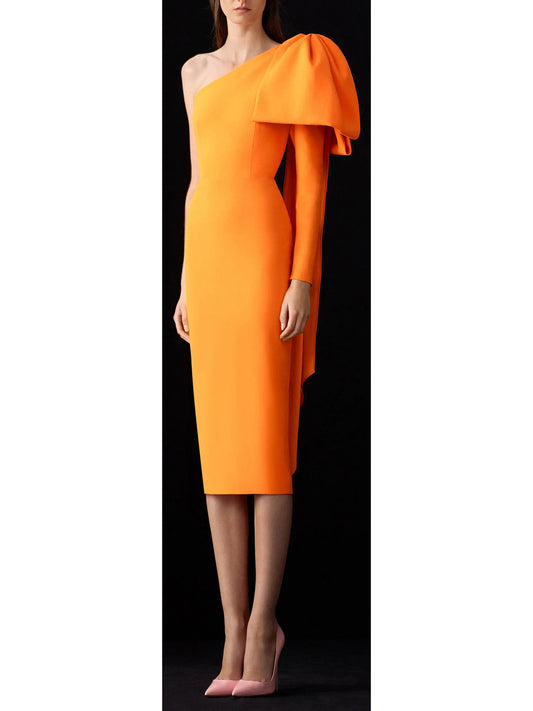 One-Shoulder Bow Fitted Midi Dress in Orange - Branna Couture