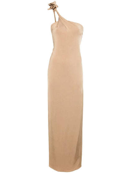 One-Shoulder Floral-Appliqué Dress in Beige - Branna Couture