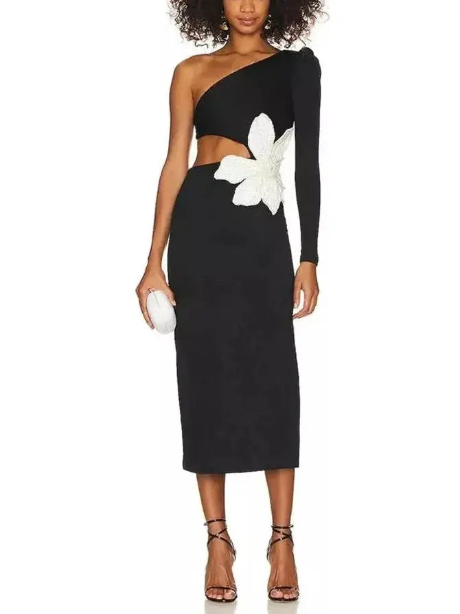 One Shoulder Flower Applique Dress - Branna Couture